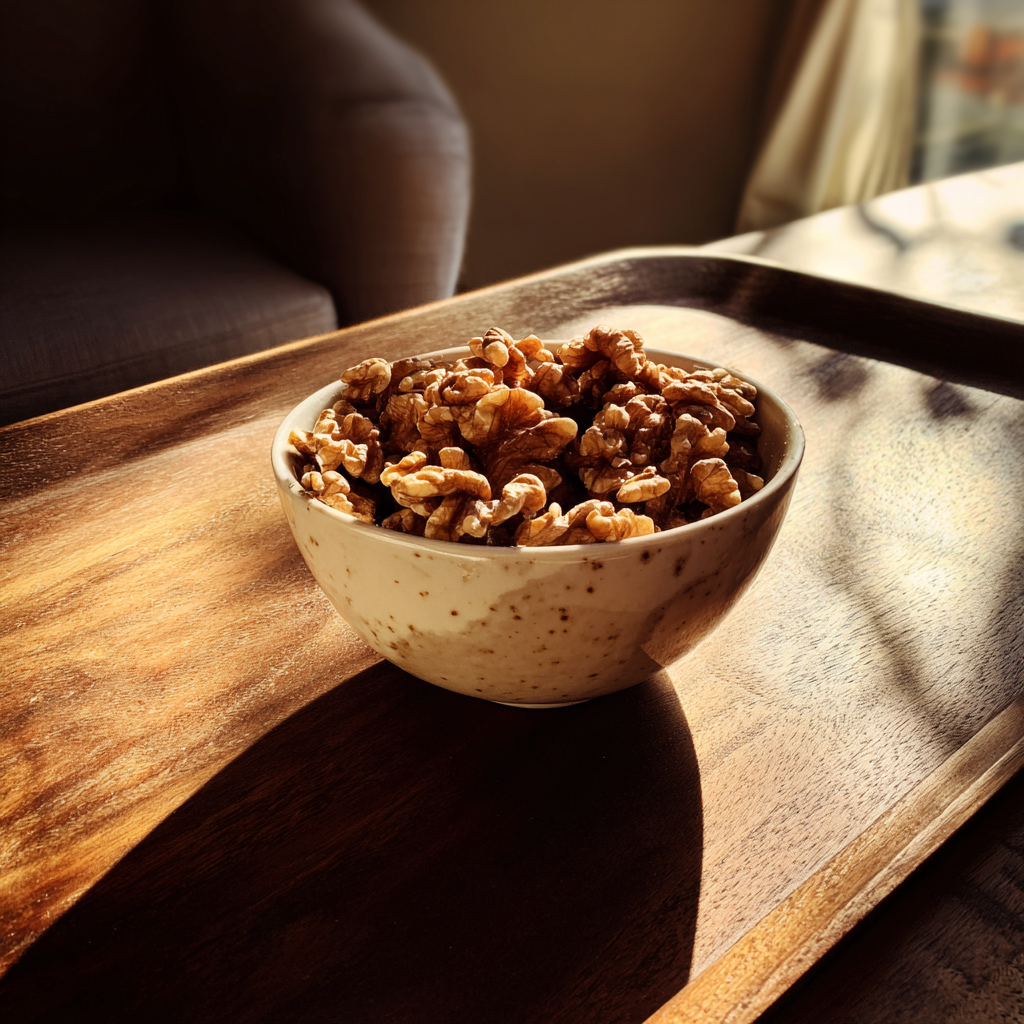 A bowl of walnuts on a table | Source: no source