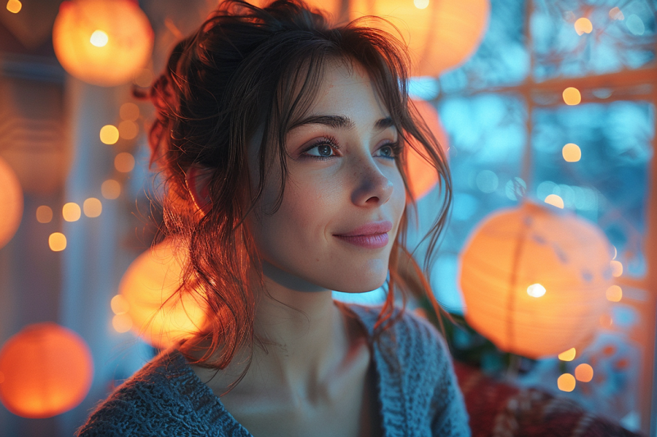 A smiling woman lost in deep thought | Source: No source