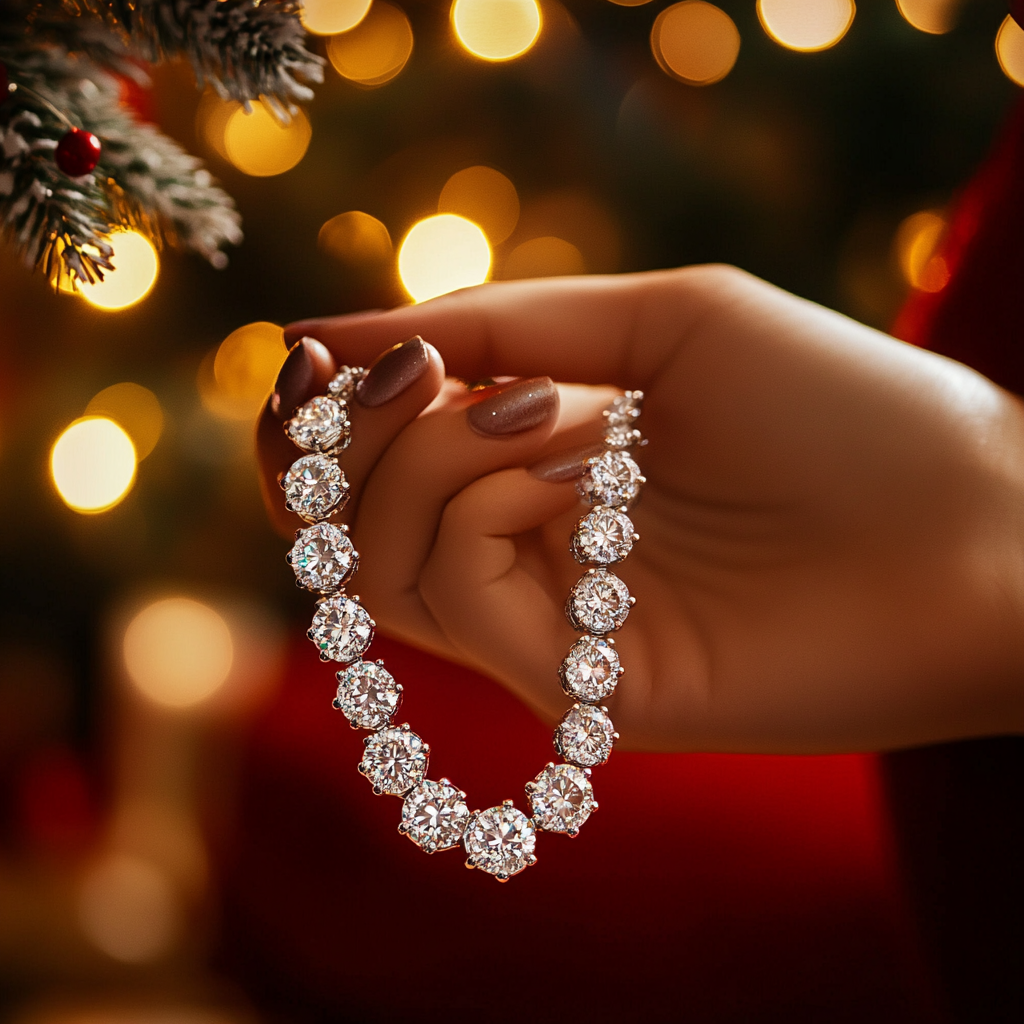 A woman holding a diamond necklace | Source: no source