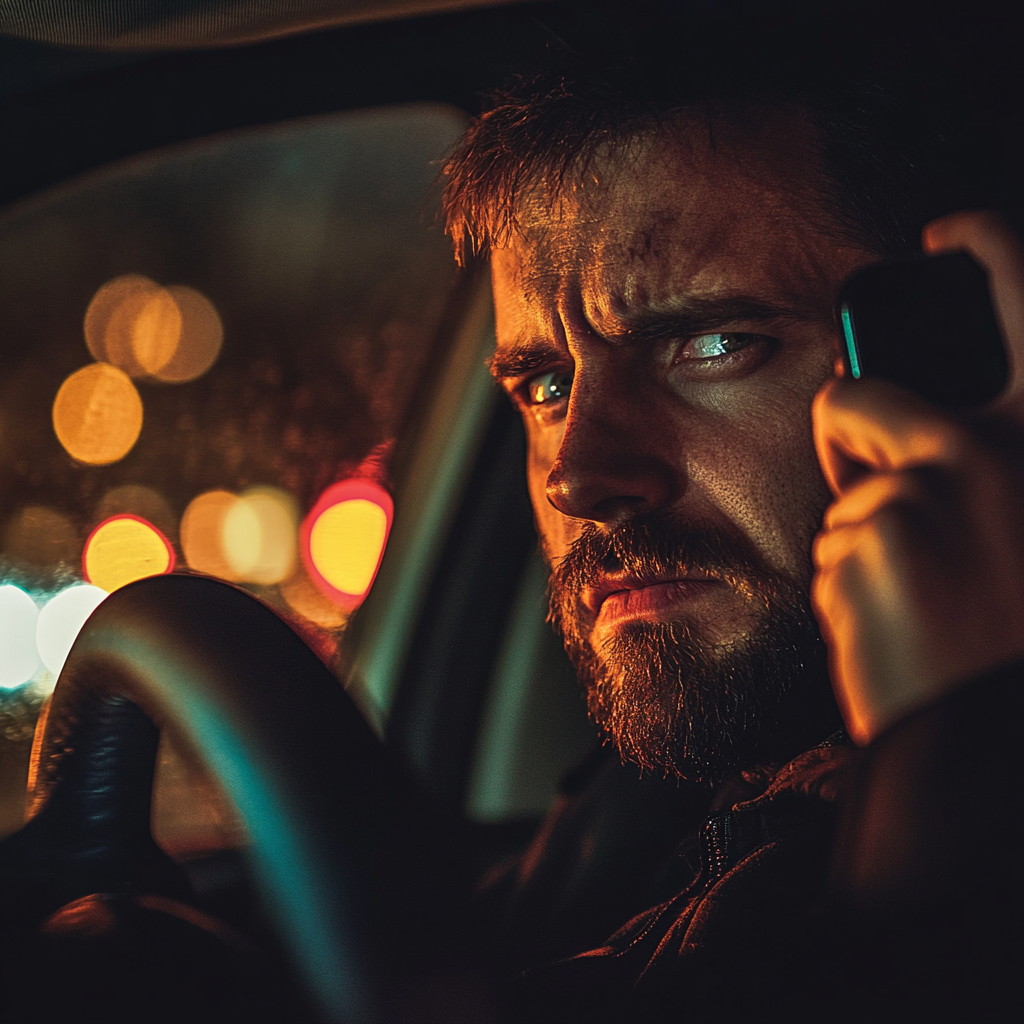 An angry man talking on his phone in his car | Source: no source