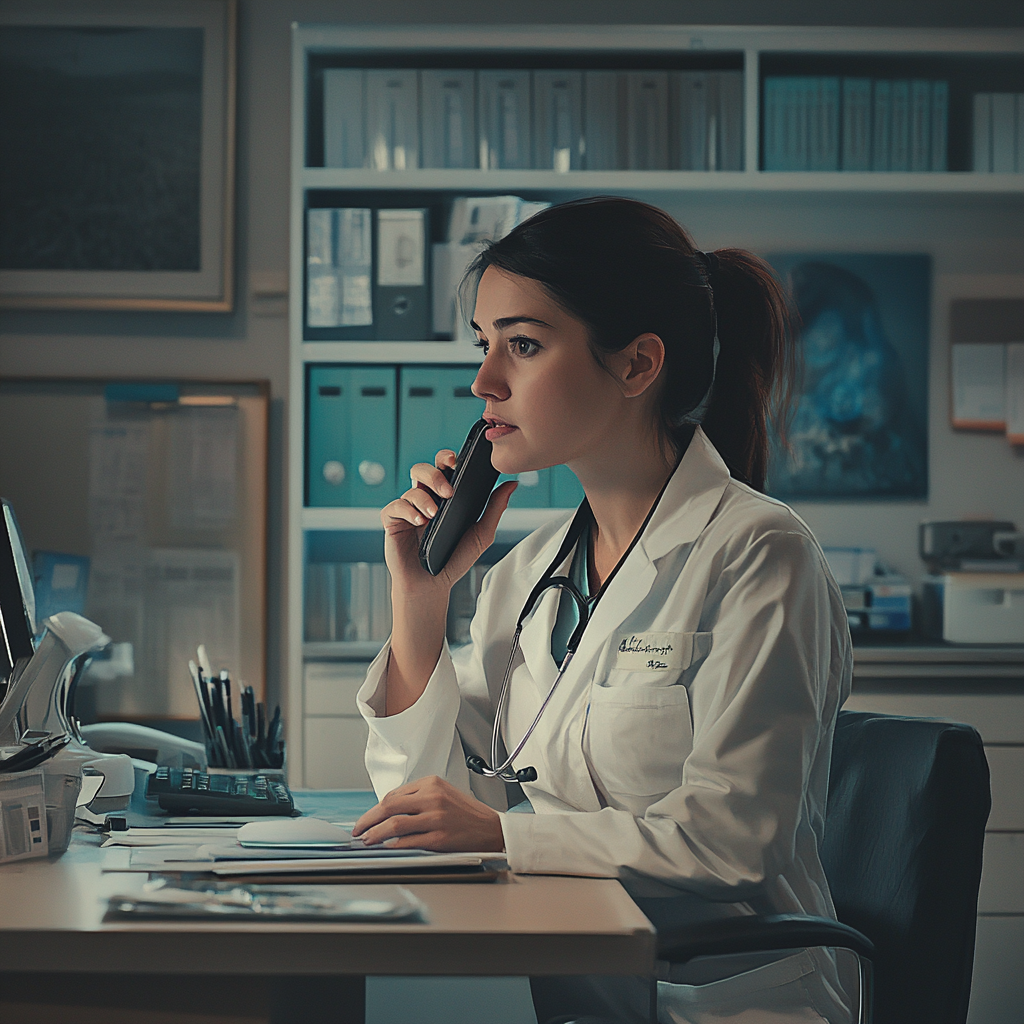 A concerned doctor talking on her phone | Source: No source