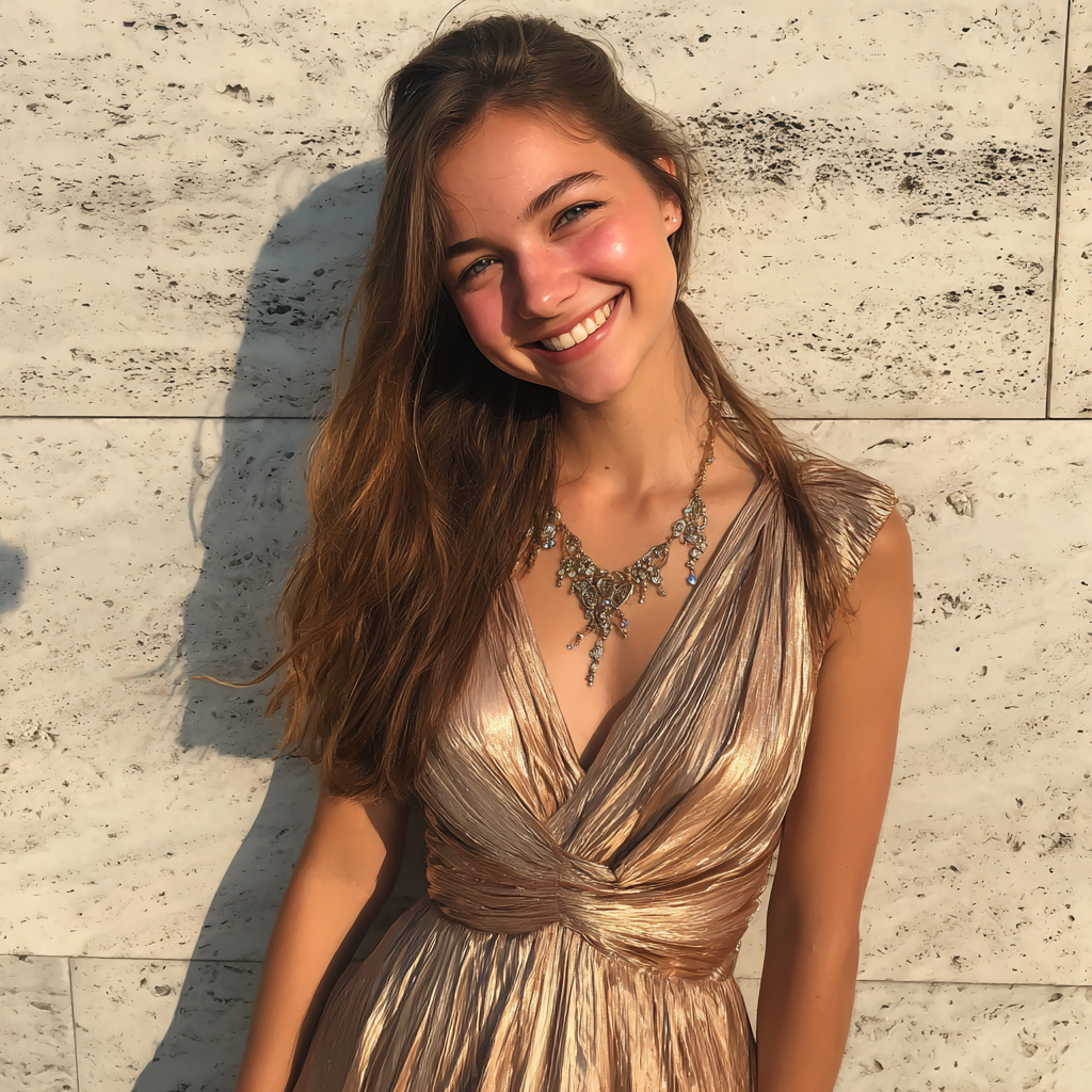 A smiling girl wearing a gold dress | Source: no source