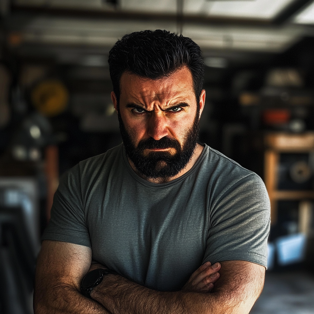 An angry man standing in a garage | Source: no source