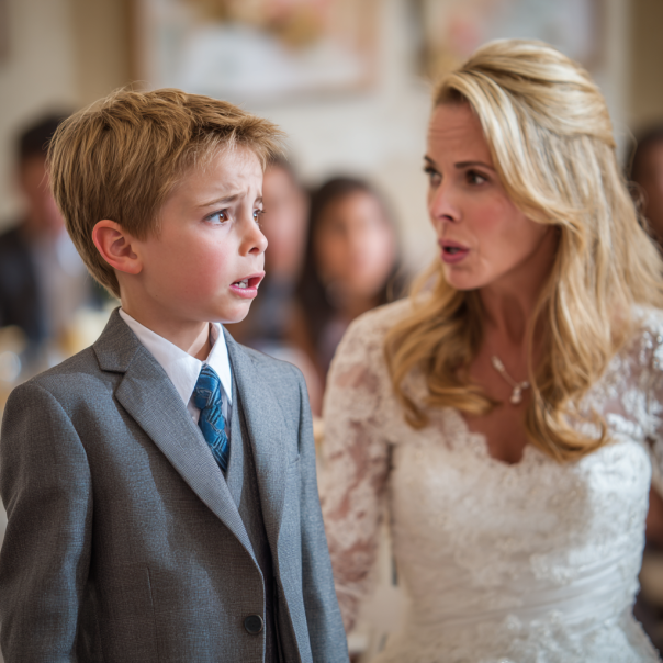 A bride scolding a boy at a wedding | Source: no source