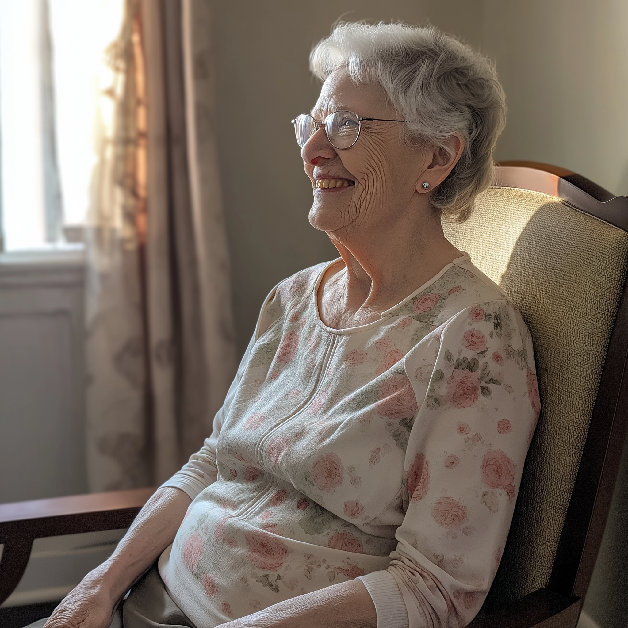 A smiling older woman sitting on a chair | Source: no source