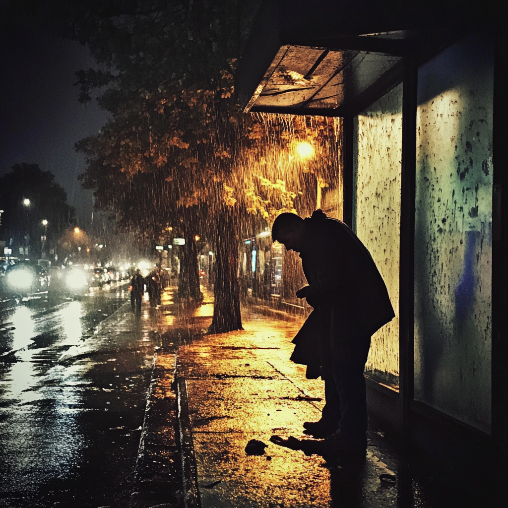 A man hunched over in the rain | Source: No source