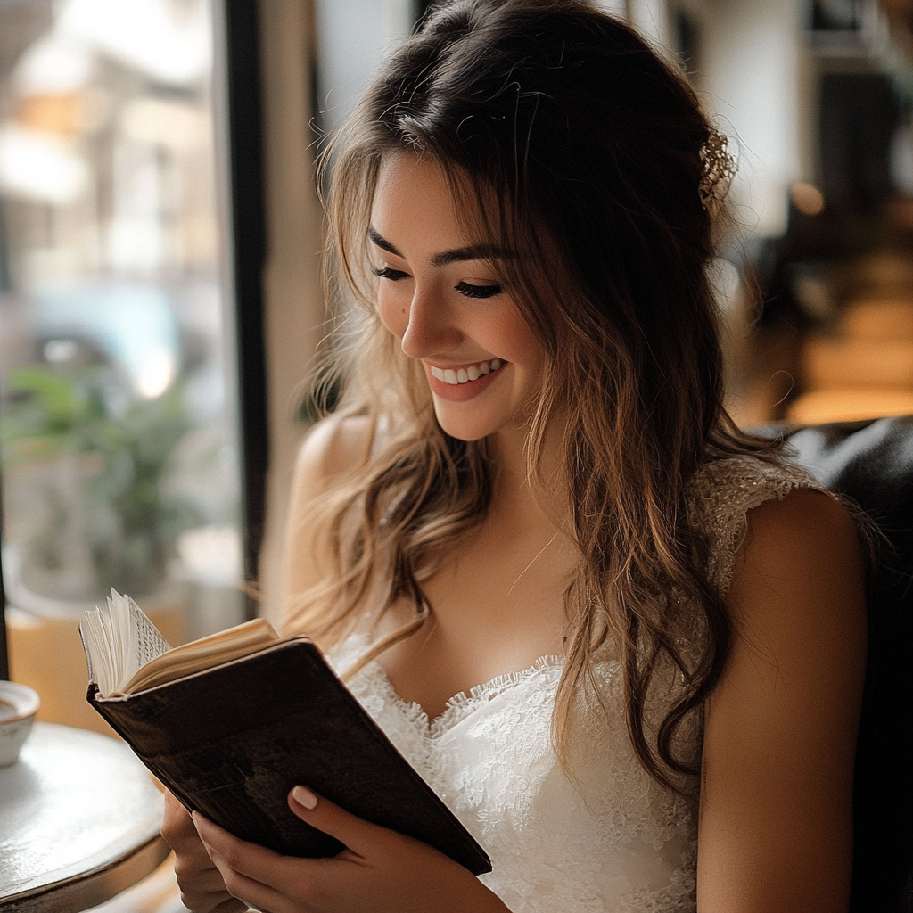 Bride smiling while looking at her journal | Source: No source
