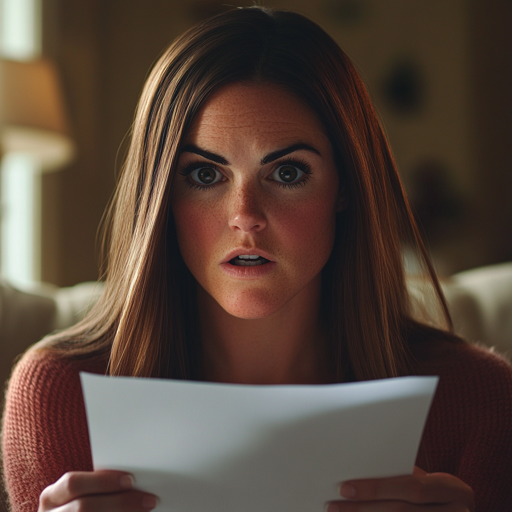 A startled woman holding a sheet of paper | Source: no source