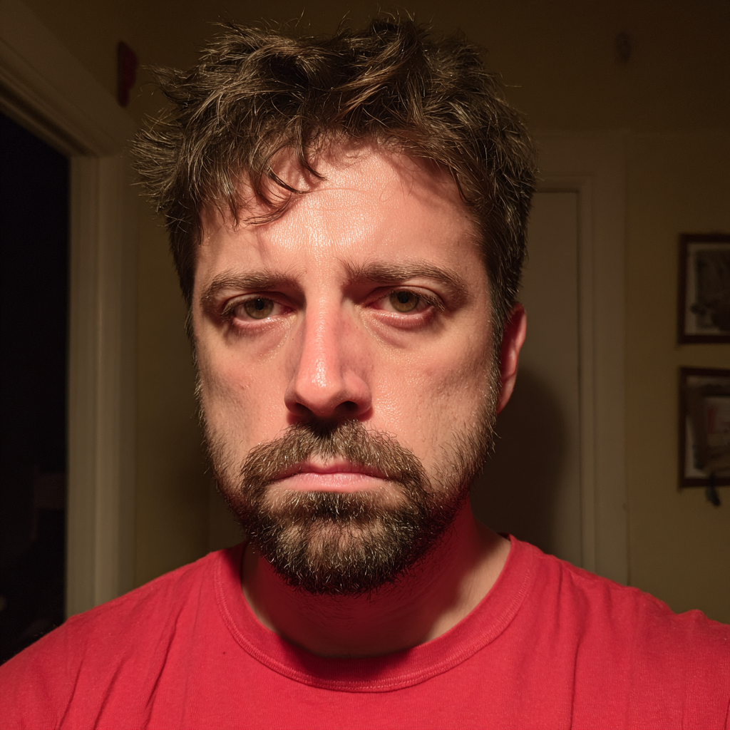 A close up of a man wearing a red t-shirt | Source: no source