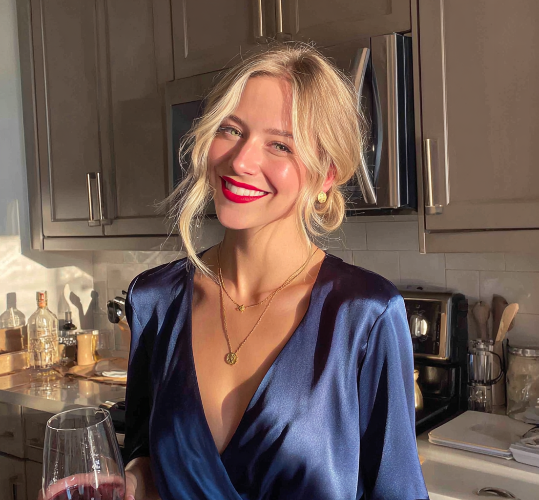 A smiling woman standing in a kitchen with a glass of wine | Source: No source