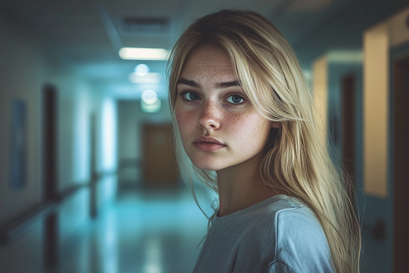 A sad and confused woman in a hospital corridor | Source: No source