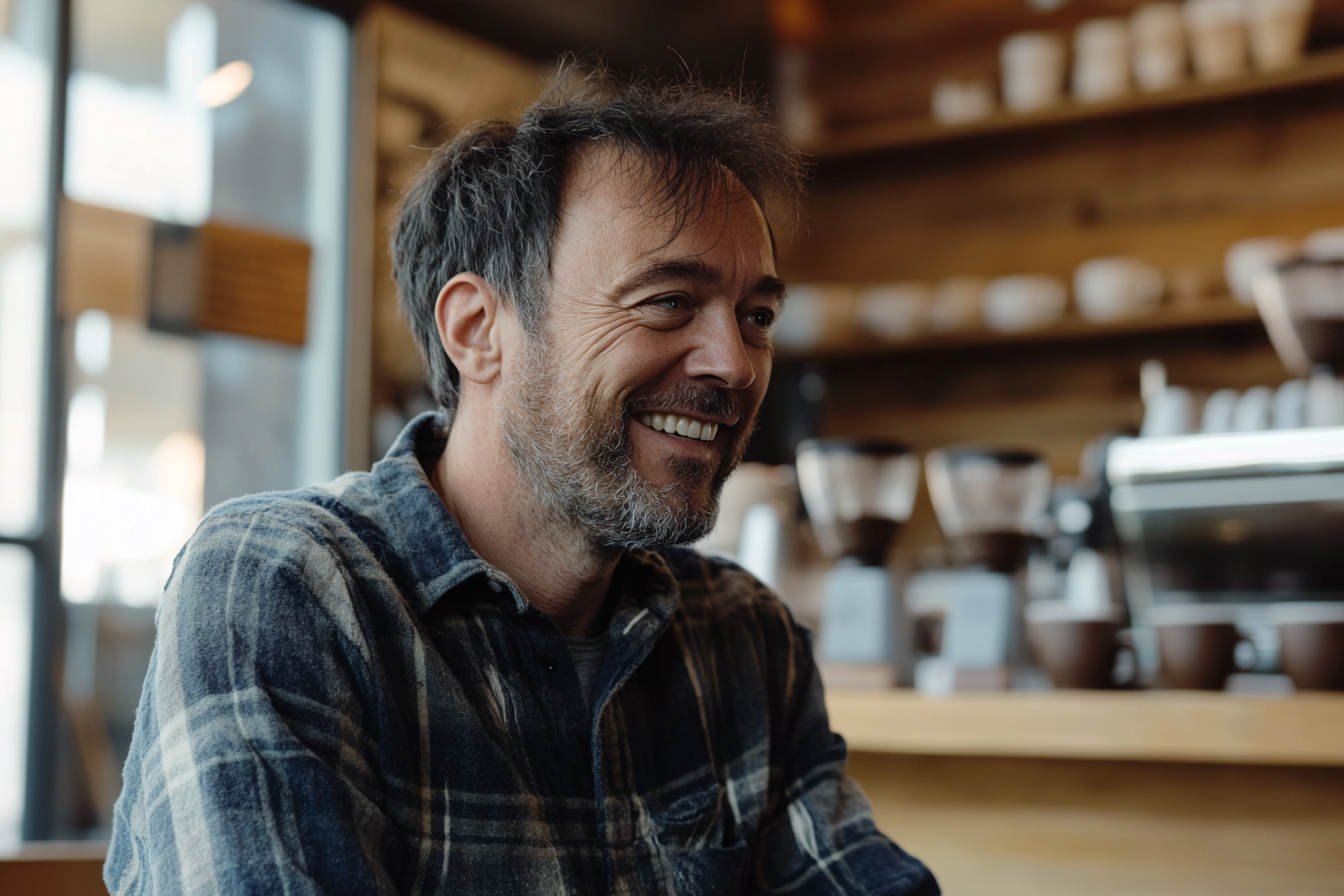 A man smiling in a coffeeshop | Source: no source