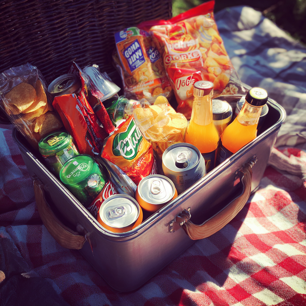 A stocked cooler on a picnic blanket | Source: No source