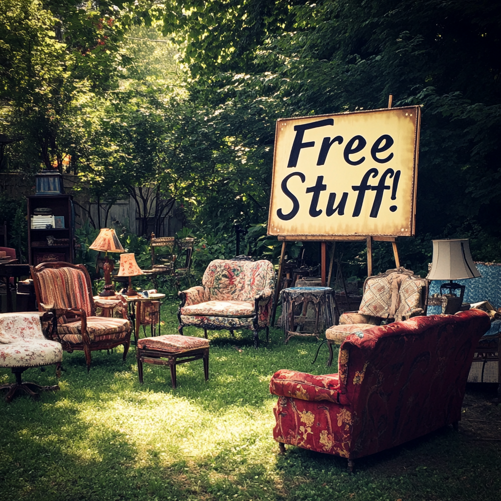 Furniture scattered on a lawn | Source: no source