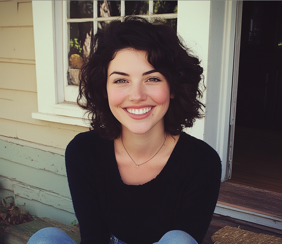 A smiling woman sitting on a porch step | Source: No source