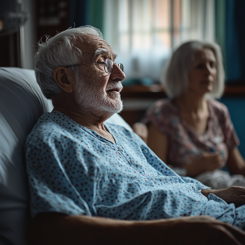 Senior man in a hospital bed talking to his wife | Source: No source