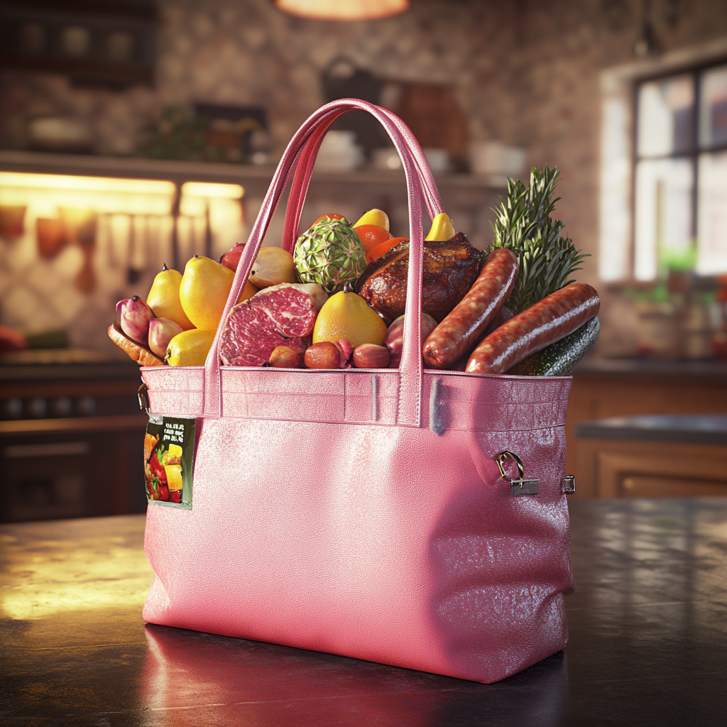 A pink tote bag loaded with food items | Source: No source