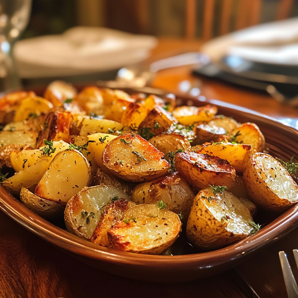 A platter of roasted potatoes on a table | Source: no source