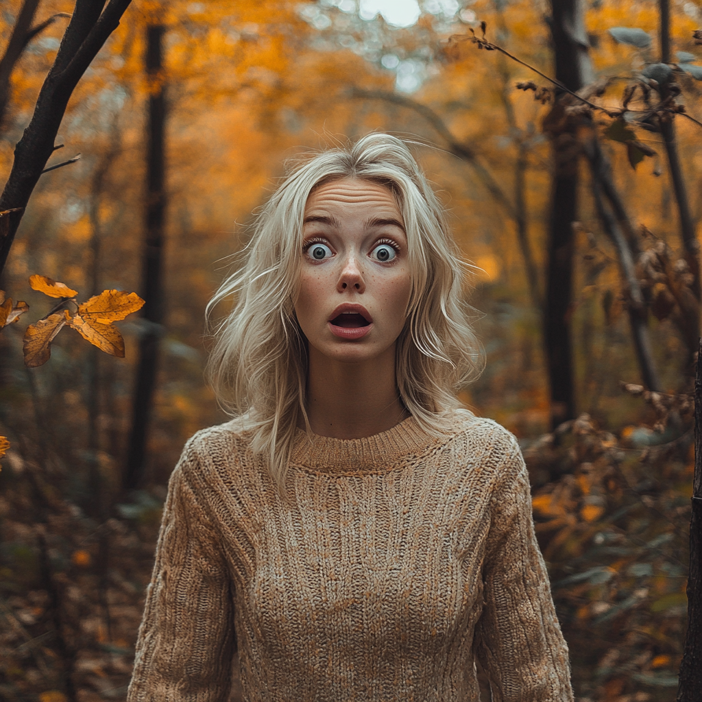 A shocked woman in the woods | Source: No source