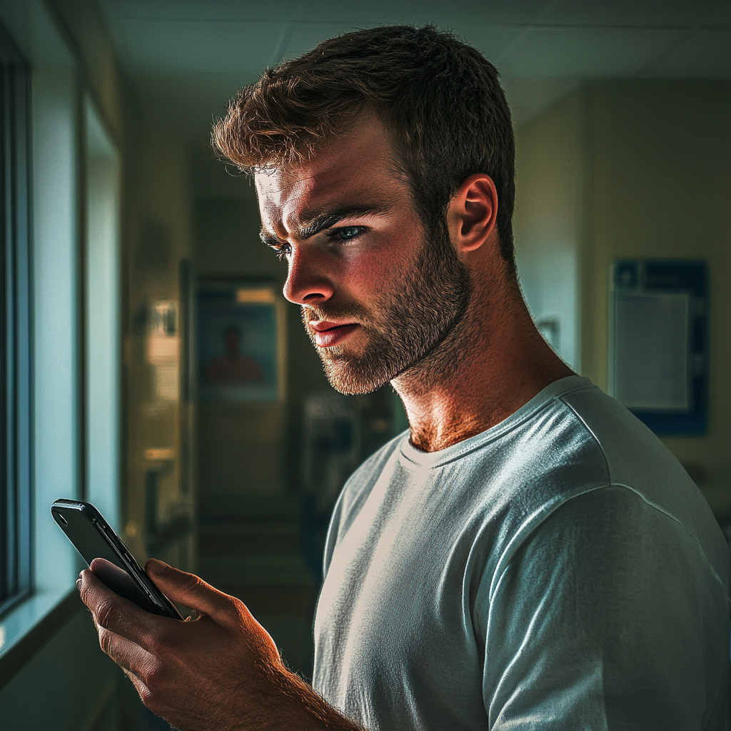 An anxious man holding a phone in a hospital | Source: No source