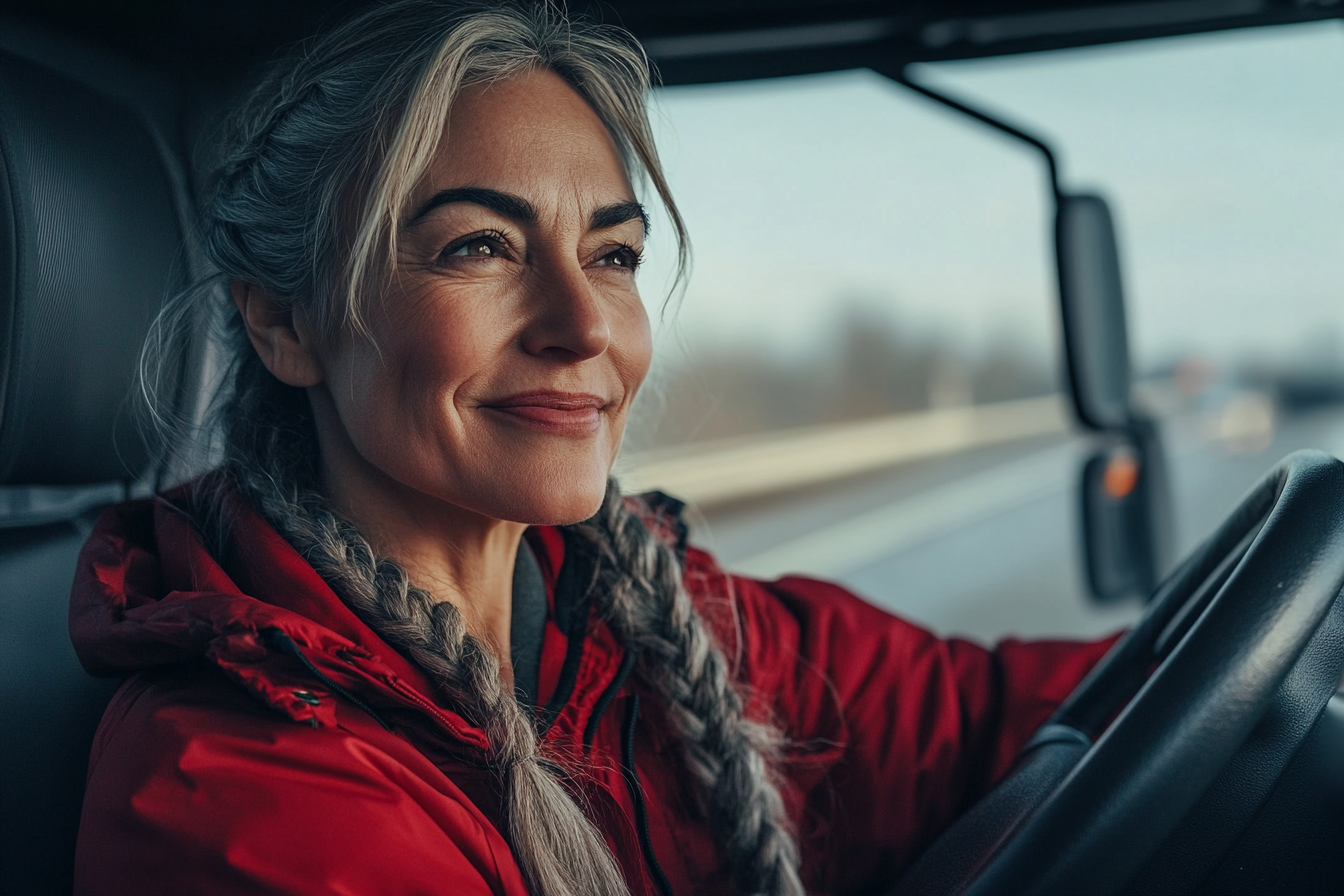 Woman in her late 40s with a red jacket and a smile driving a big truck | Source: No source