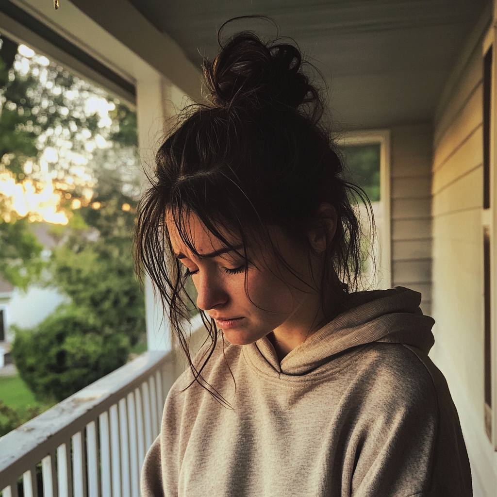 An upset woman standing on a porch | Source: No source