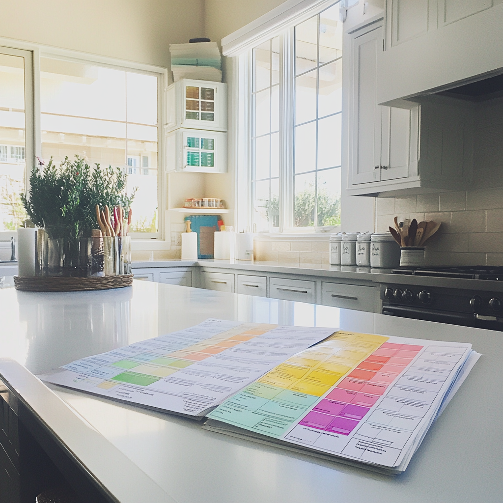 A color-coded chore sheet on a kitchen counter | Source: no source