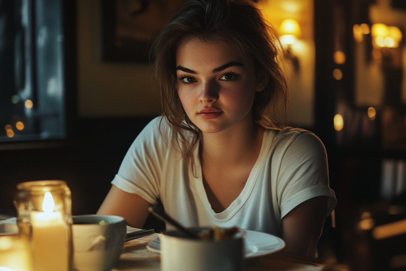 A young woman seated at a dinner table | Source: No source