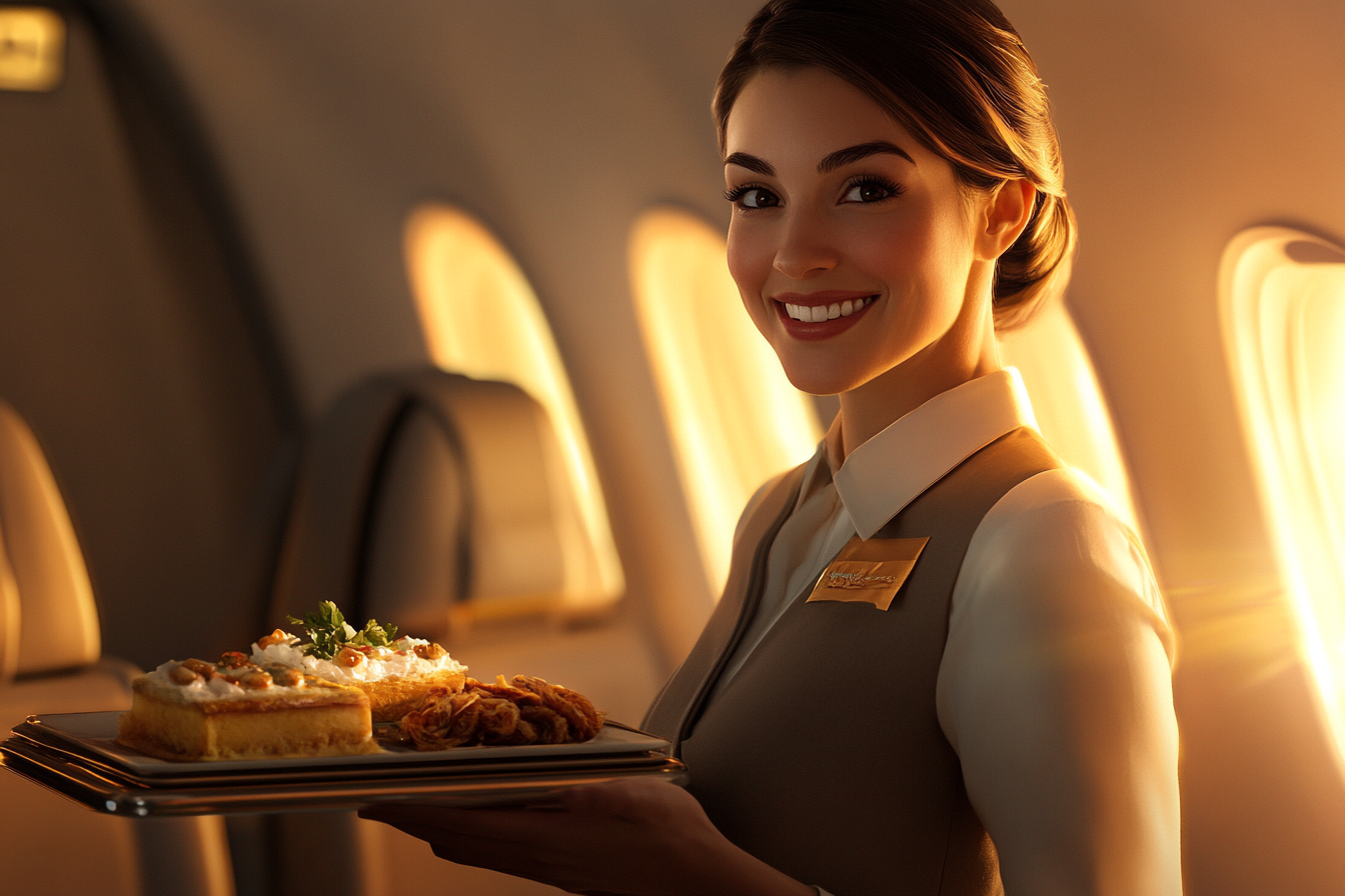 A flight attendant holding a tray of food | Source: No source