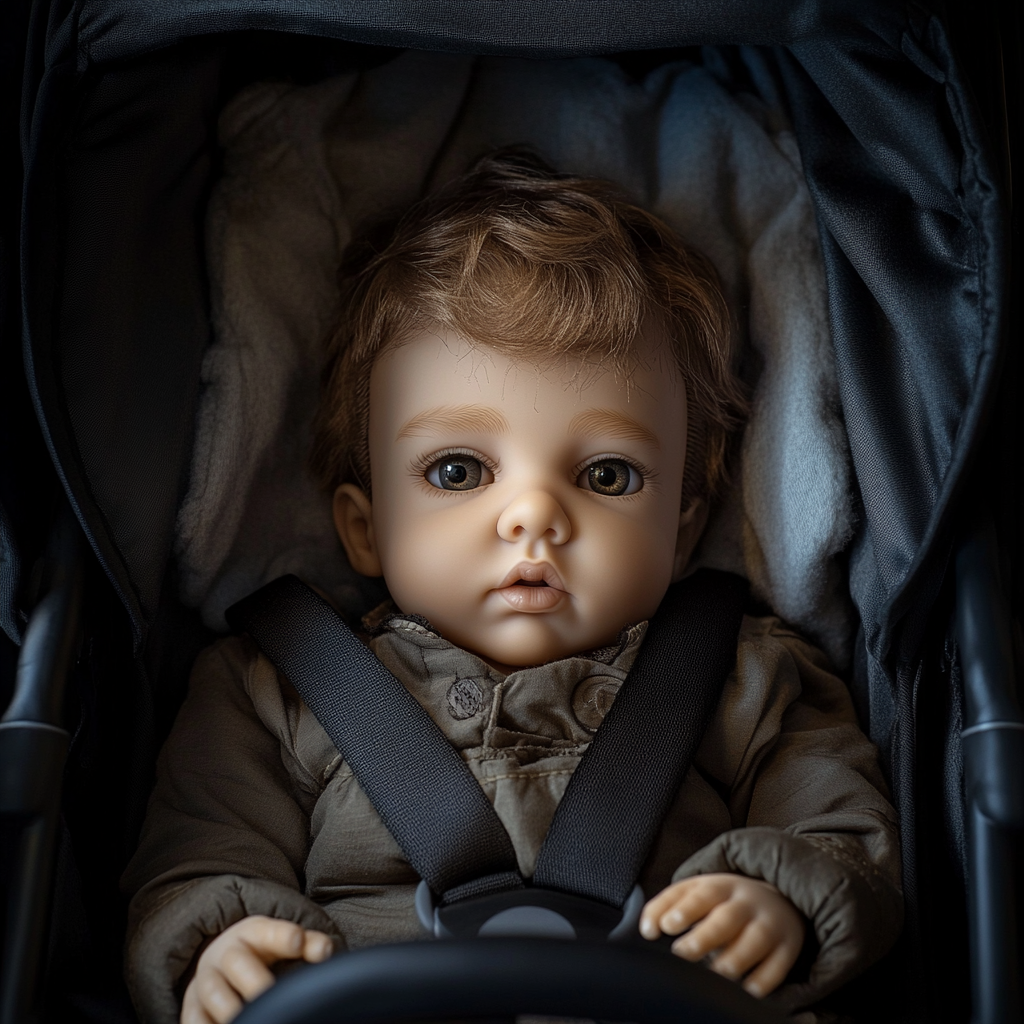 A realistic-looking plastic baby boy doll in a stroller | Source: no source