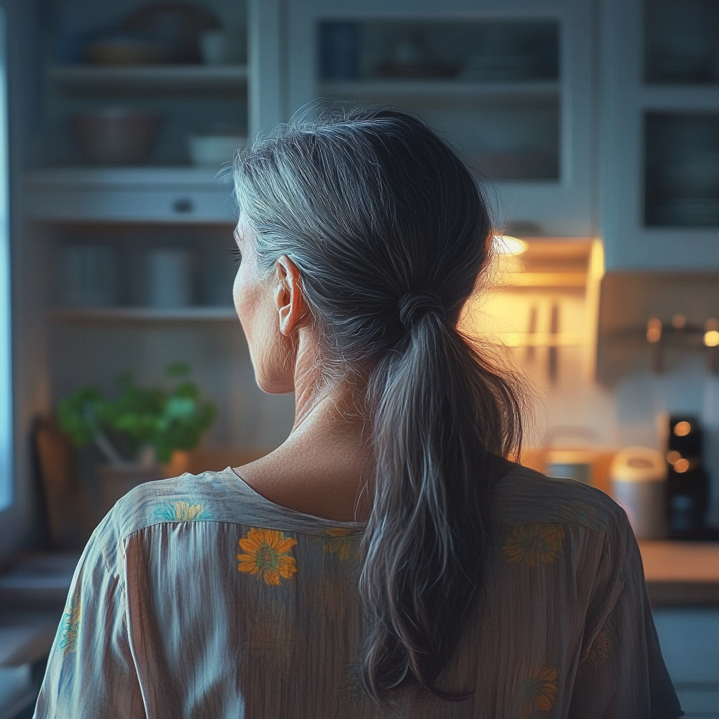 A back view shot of a woman standing in the kitchen | Source: No source