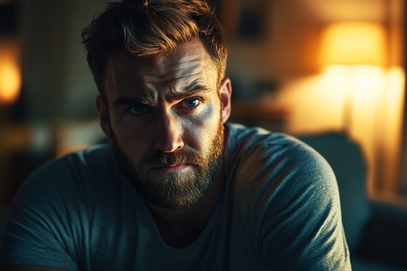 A serious-looking man sitting on the couch | Source: no source