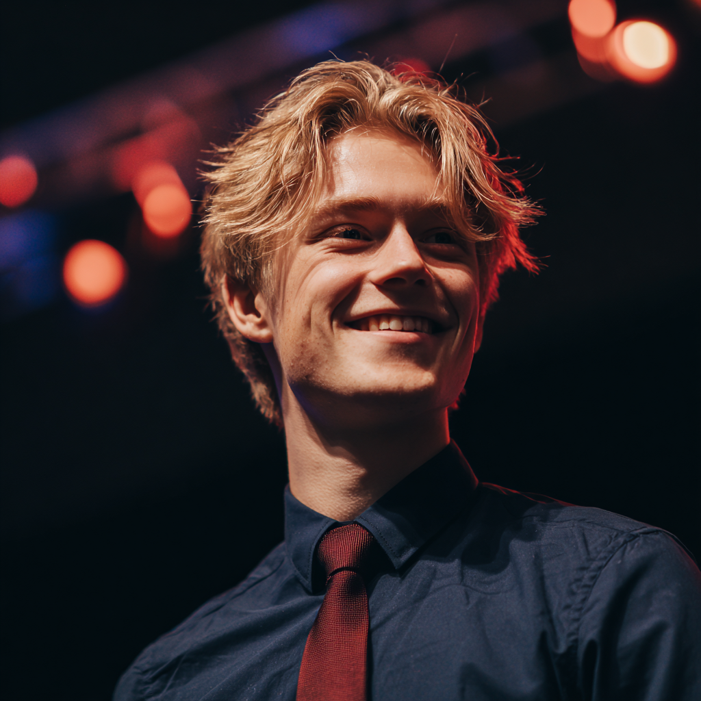 A smiling young man standing on a stage | Source: no source
