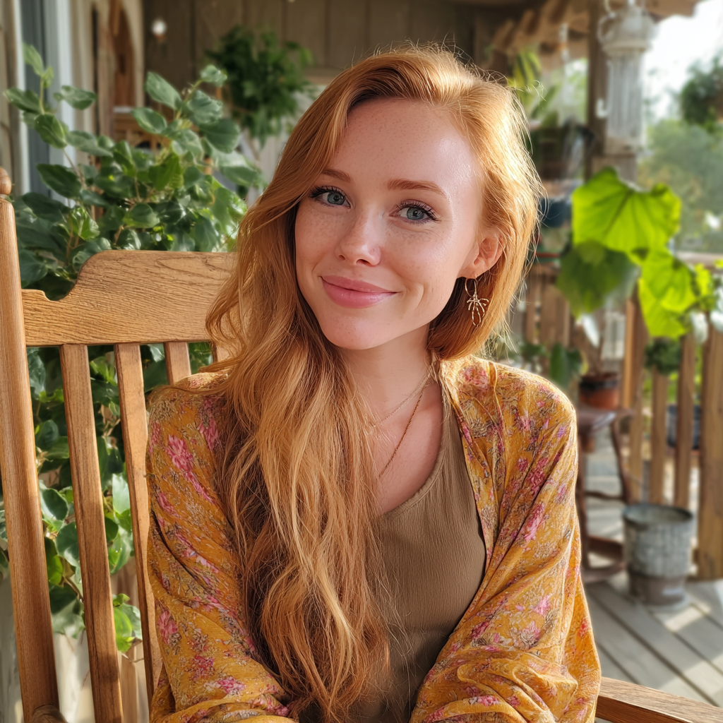 A smiling woman sitting on a porch | Source: No source