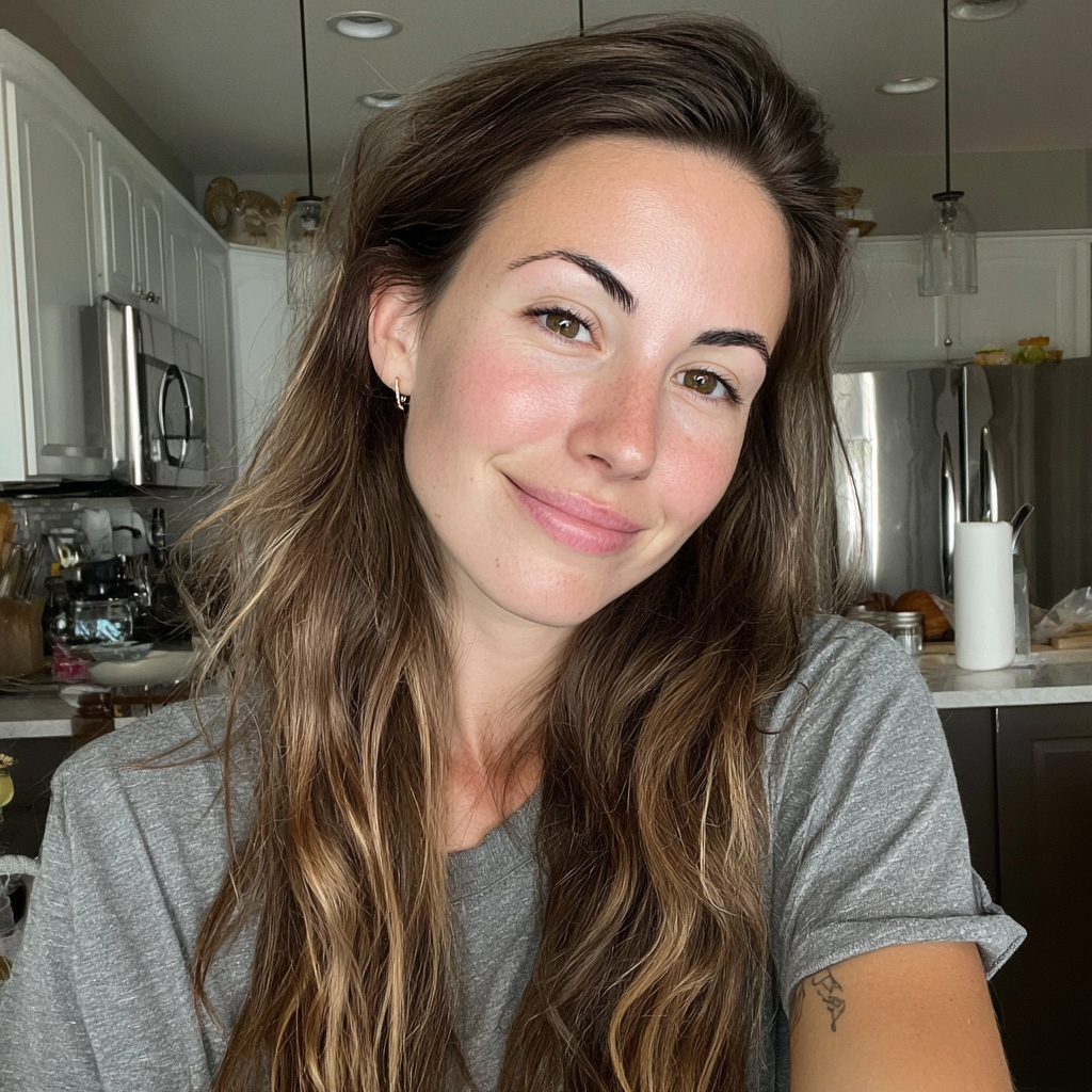A smiling woman sitting at a kitchen counter | Source: No source