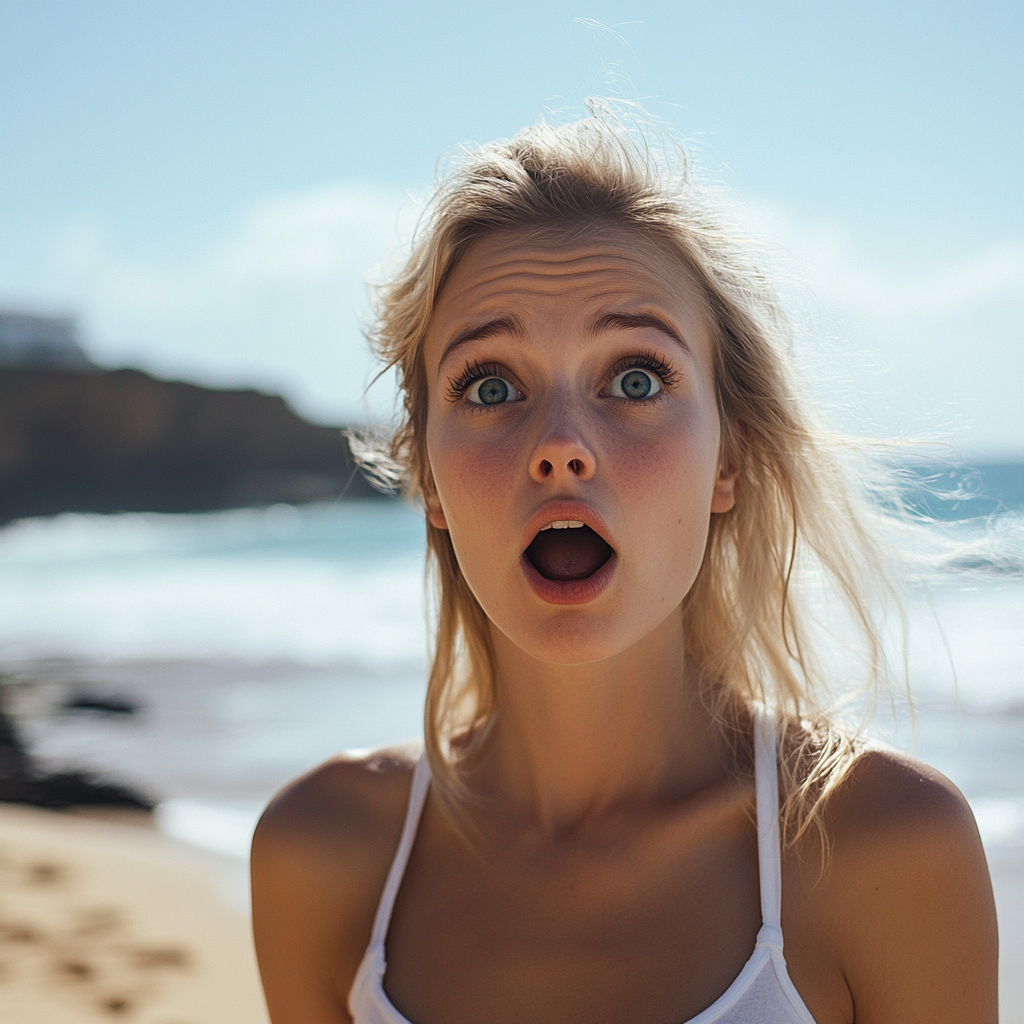 A shocked woman at the beach | Source: no source