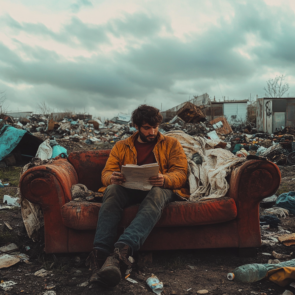 Man seated on an old couch reading a paper | Source: No source