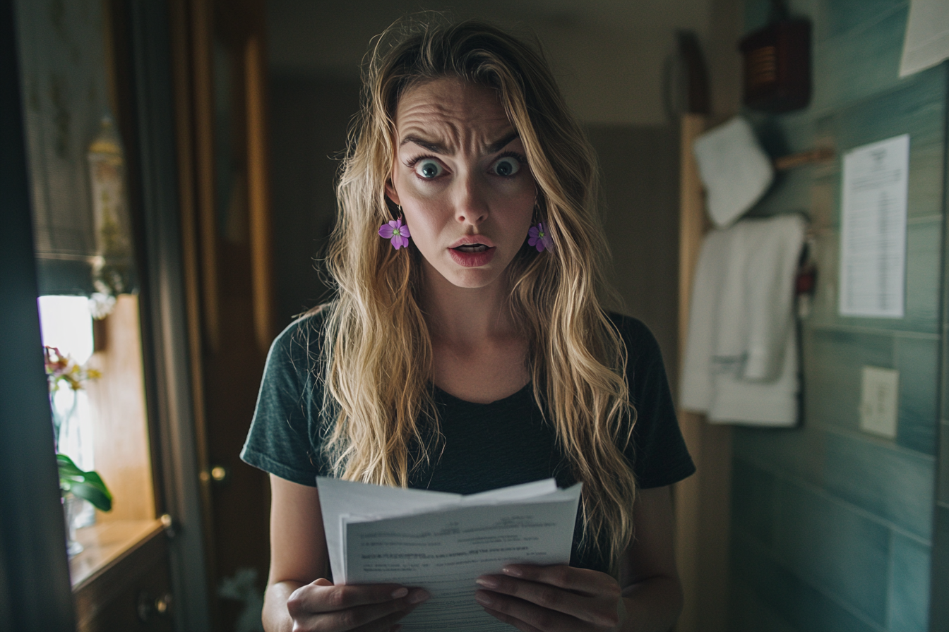 A shocked woman holding papers while standing in a bathroom | Source: No source