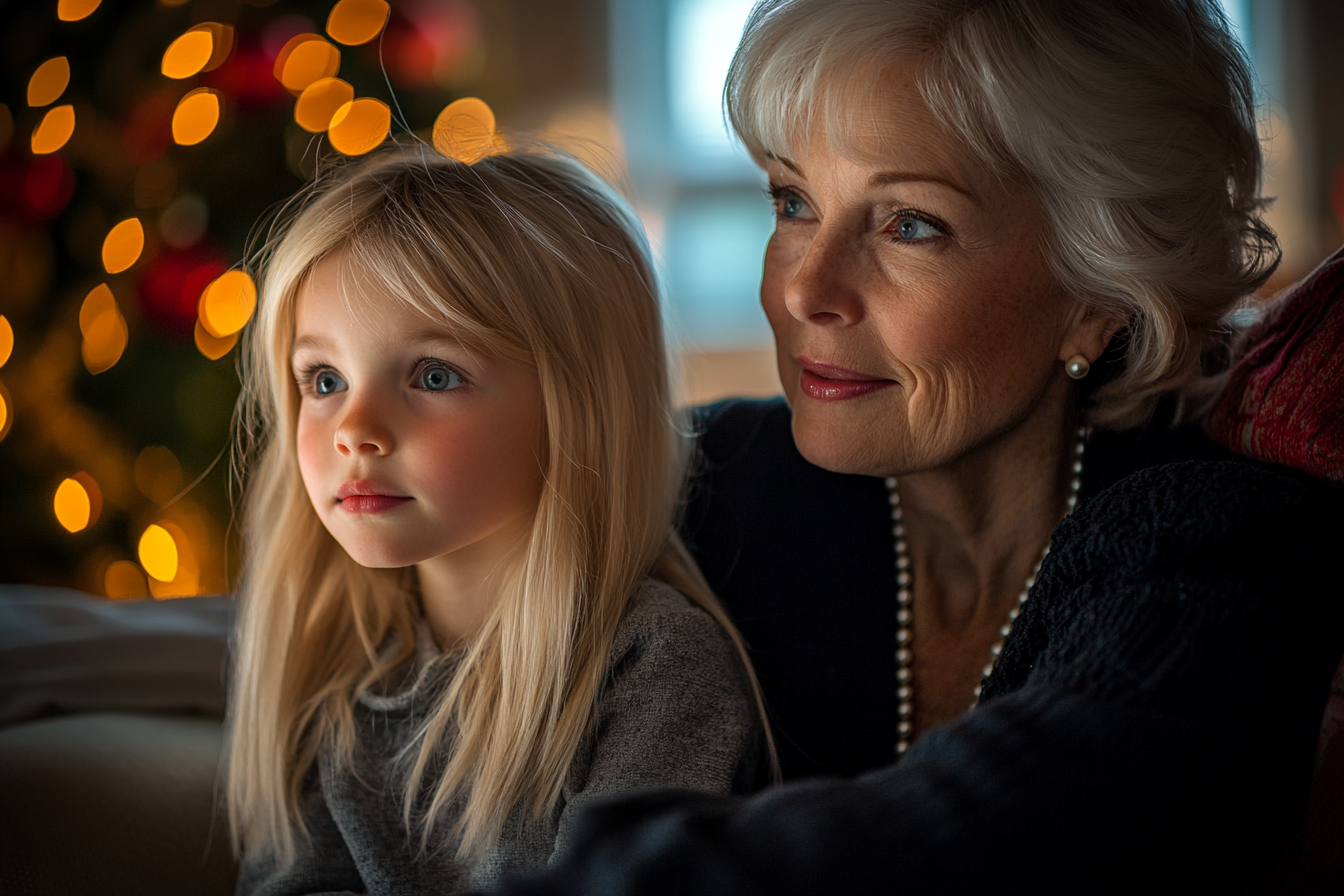 A woman in her 60s sitting on a couch with her little granddaughter watching movies | Source: no source