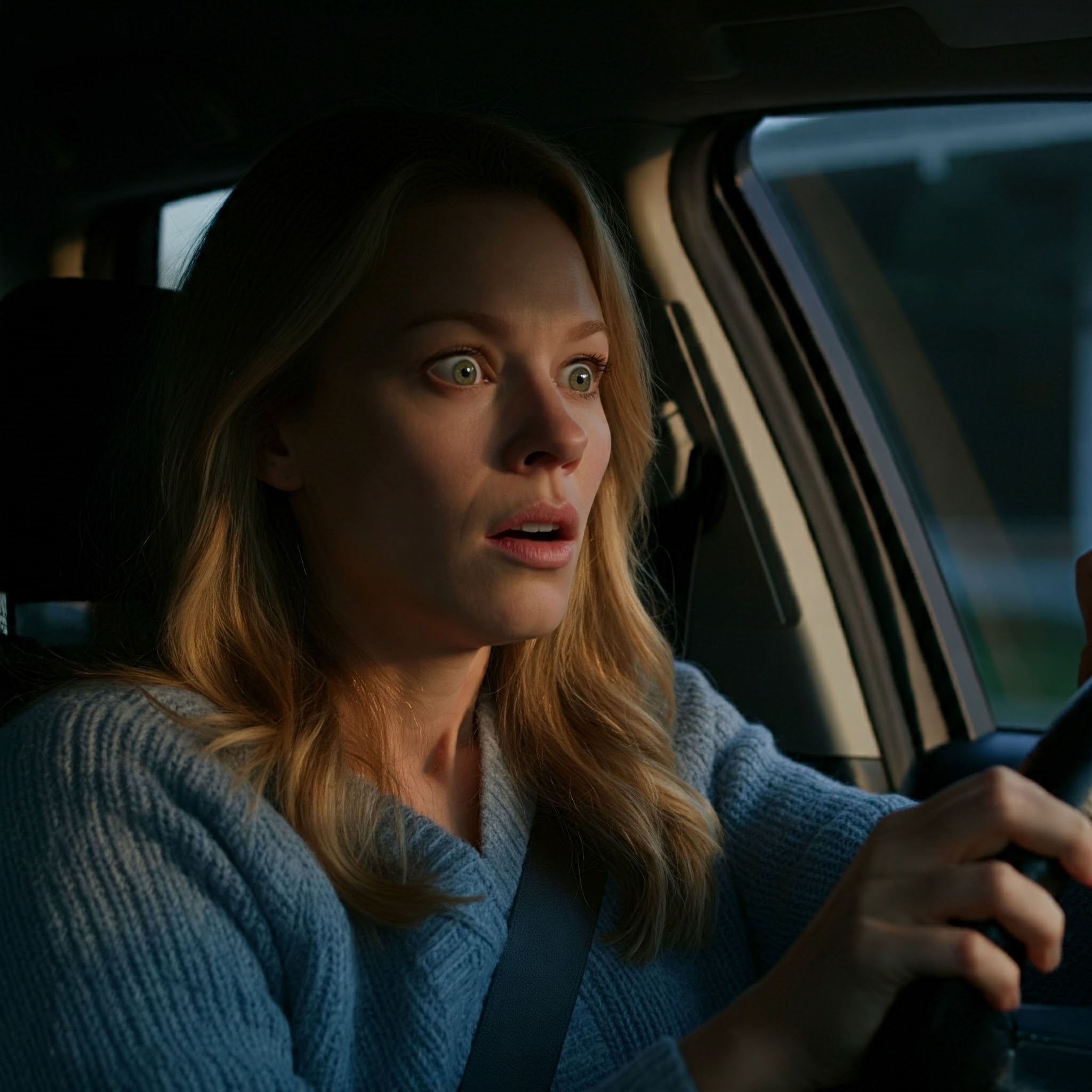 A woman driving and looking shocked | Source: No source