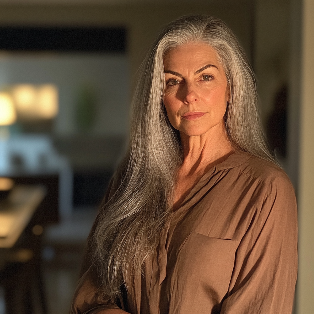 A smug older woman standing in a dining room | Source: No source