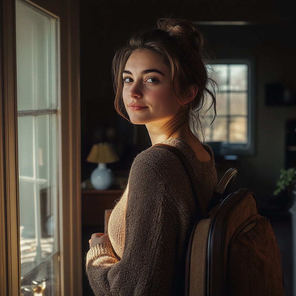 Woman wearing her backpack standing at the door | Source: no source