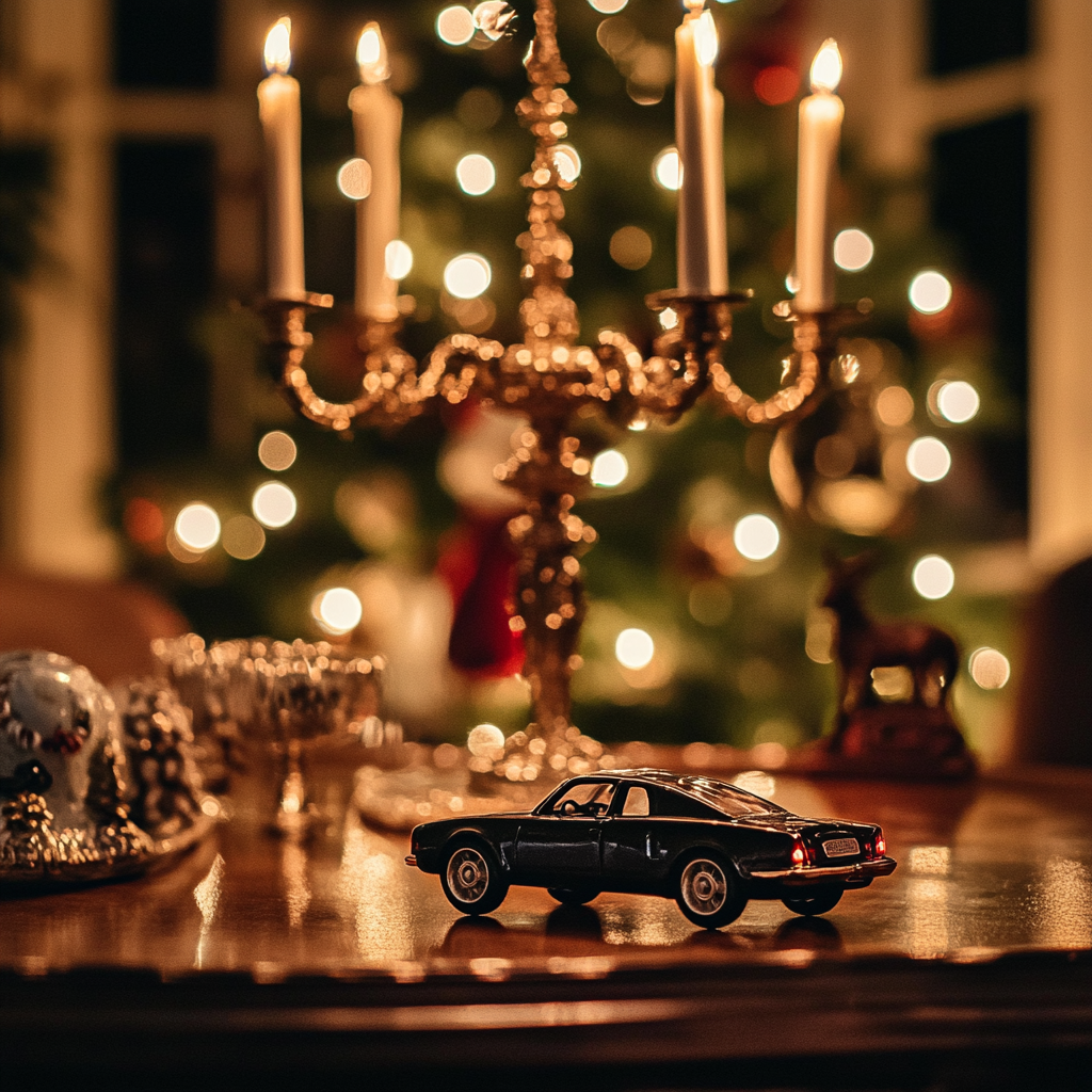 A toy car driving towards the candelabra | Source: No source