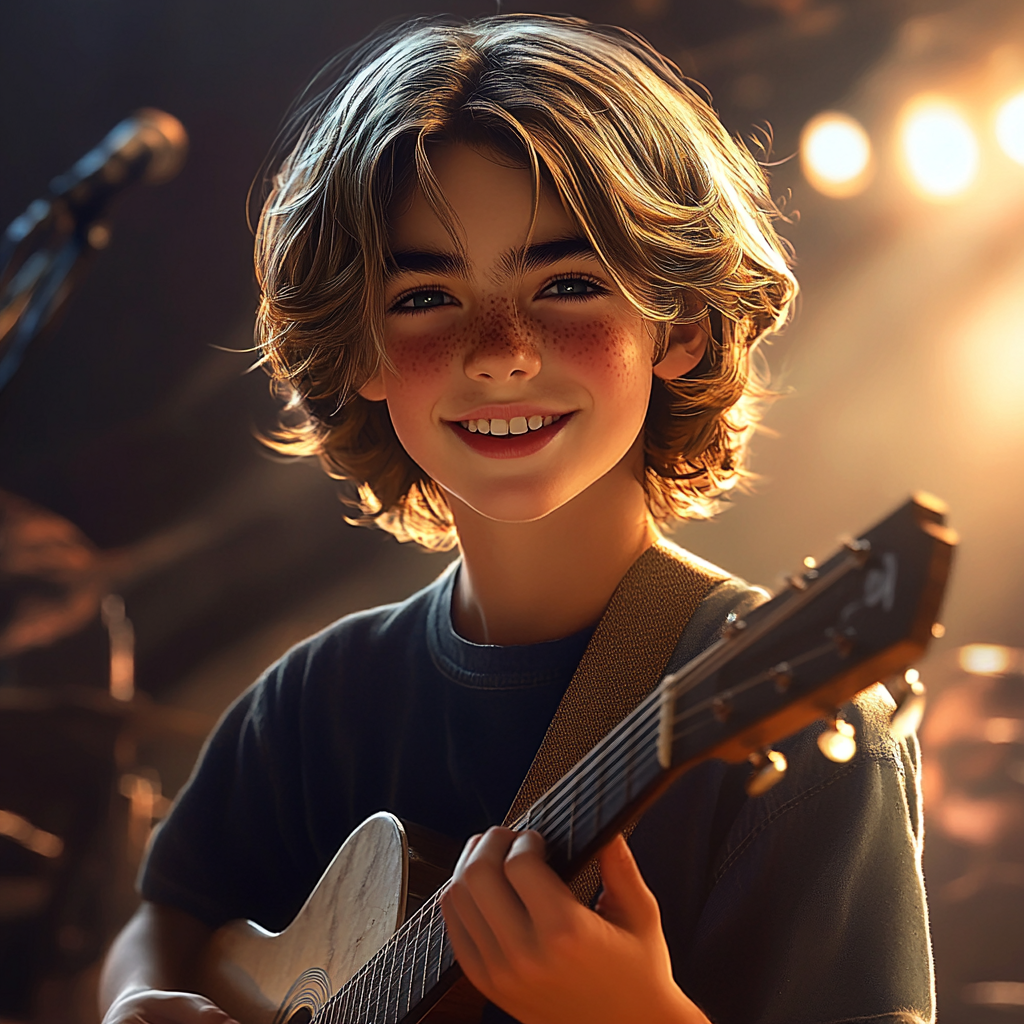 A delighted boy playing a guitar on the stage | Source: no source