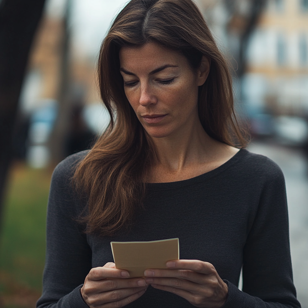 A woman looking at a note | Source: no source