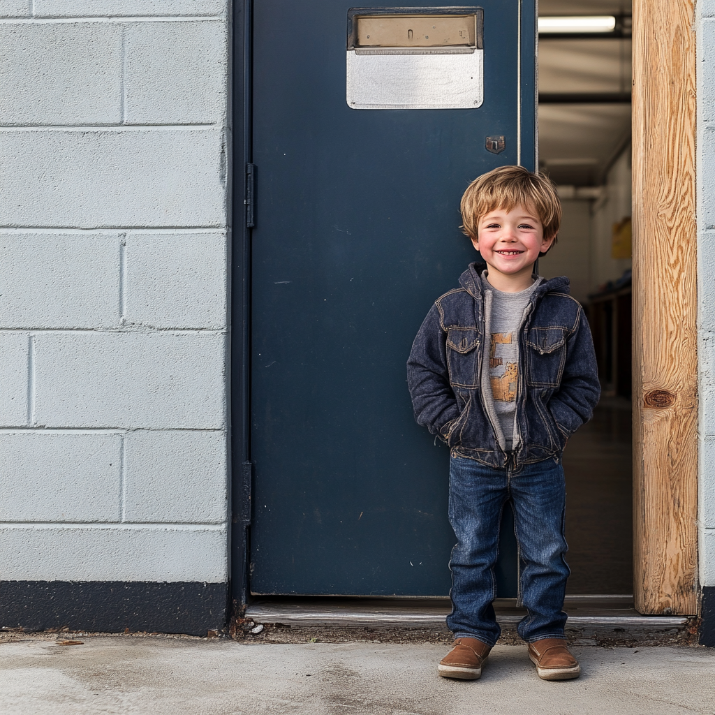 A smiling boy standing next to a basement door | Source: no source