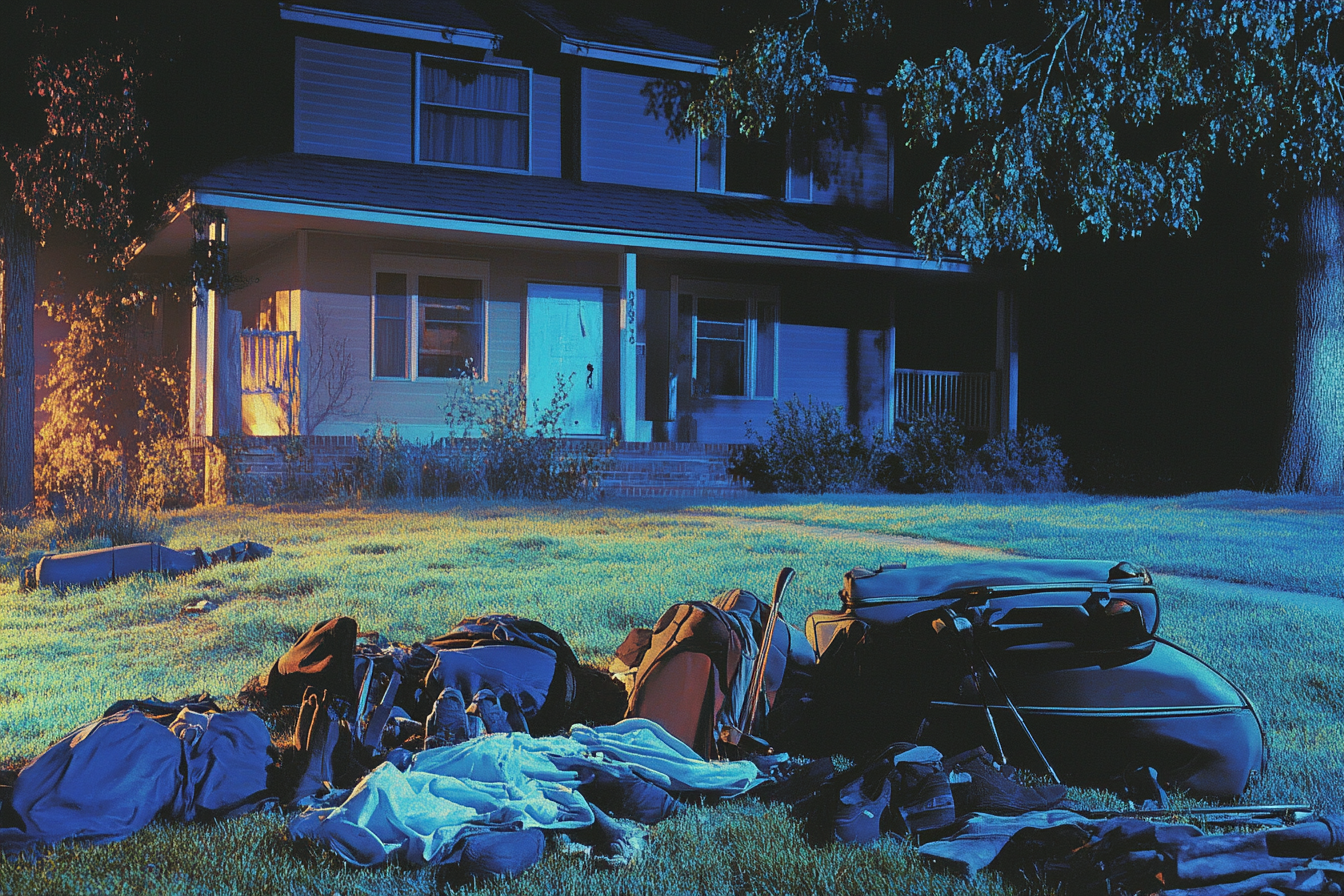 Clothes and other belongings scattered on the front lawn of a house at night | Source: no source