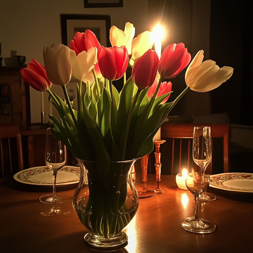 A vase of tulips on a dining table | Source: No source