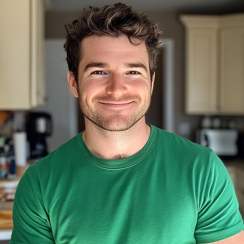 A content man wearing a green t-shirt | Source: no source
