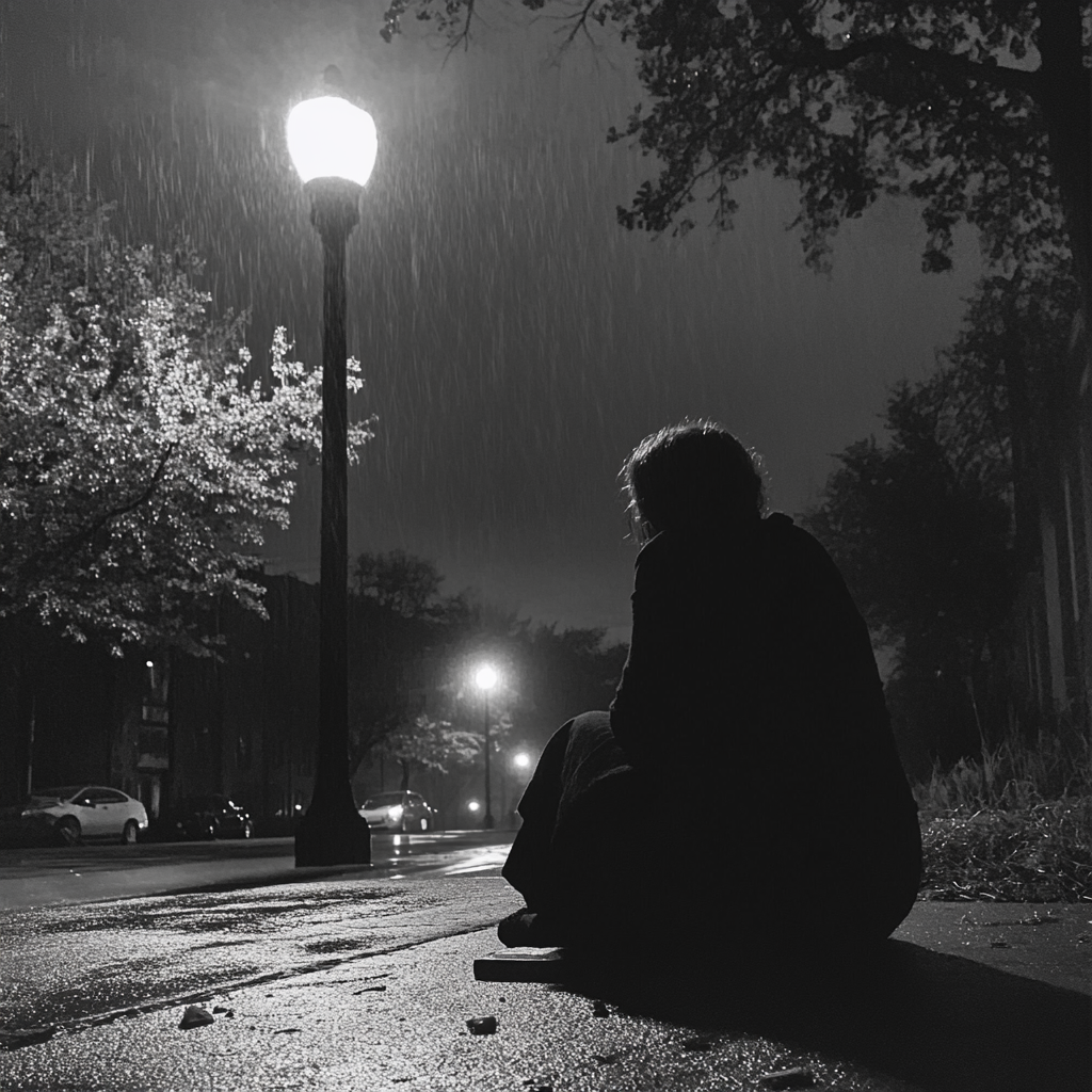 A woman sitting on a sidewalk in the rain | Source: no source